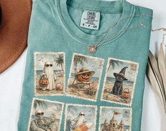 Comfort Colors® Summerween Shirt, Vintage Halloween Beach Postage Stamp Tee, Halloween Summer Shirt, Spooky Season Shirt, Cute Halloween
