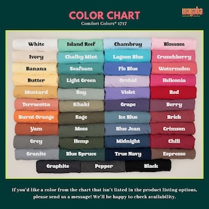 May include: Color chart showing 24 different colors of fabric swatches. The colors are arranged in rows and columns. The colors include white, ivory, banana, butter, mustard, terracotta, burnt orange, yam, grey, granite, graphite, pepper, black, island reef, chalky mint, seafoam, light green, bay, khaki, sage, moss, hemp, blue spruce, chambray, lagoon blue, flo blue, orchid, violet, grape, ice blue, blue jean, midnight, true navy, blossom, crunchberry, watermelon, heliconia, red, berry, brick, crimson, chili, espresso.