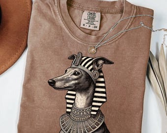 May include: Espresso brown t-shirt with a black and white illustration of a dog wearing a pharaoh's headdress. The t-shirt has the text "COMFORT COLORS" and "S - P - CH" printed on the tag.