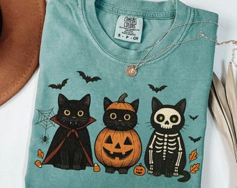 Comfort Colors® Black Cat Halloween Shirt, Black Cat Pumpkin Shirt, Spooky Cat Shirt, Gothic Halloween Cat Mama Shirt, Fall Black Cat Shirt