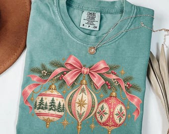 Comfort Colors® Vintage Christmas Ornament Shirt, Pink Bow Christmas Tee, Retro Holiday Shirt, Coquette Christmas Shirt, Festive Xmas Shirt