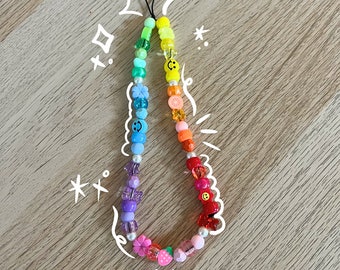 rainbow beaded phone charm, y2k trendy phone strap, cute phone charm, handmade gift