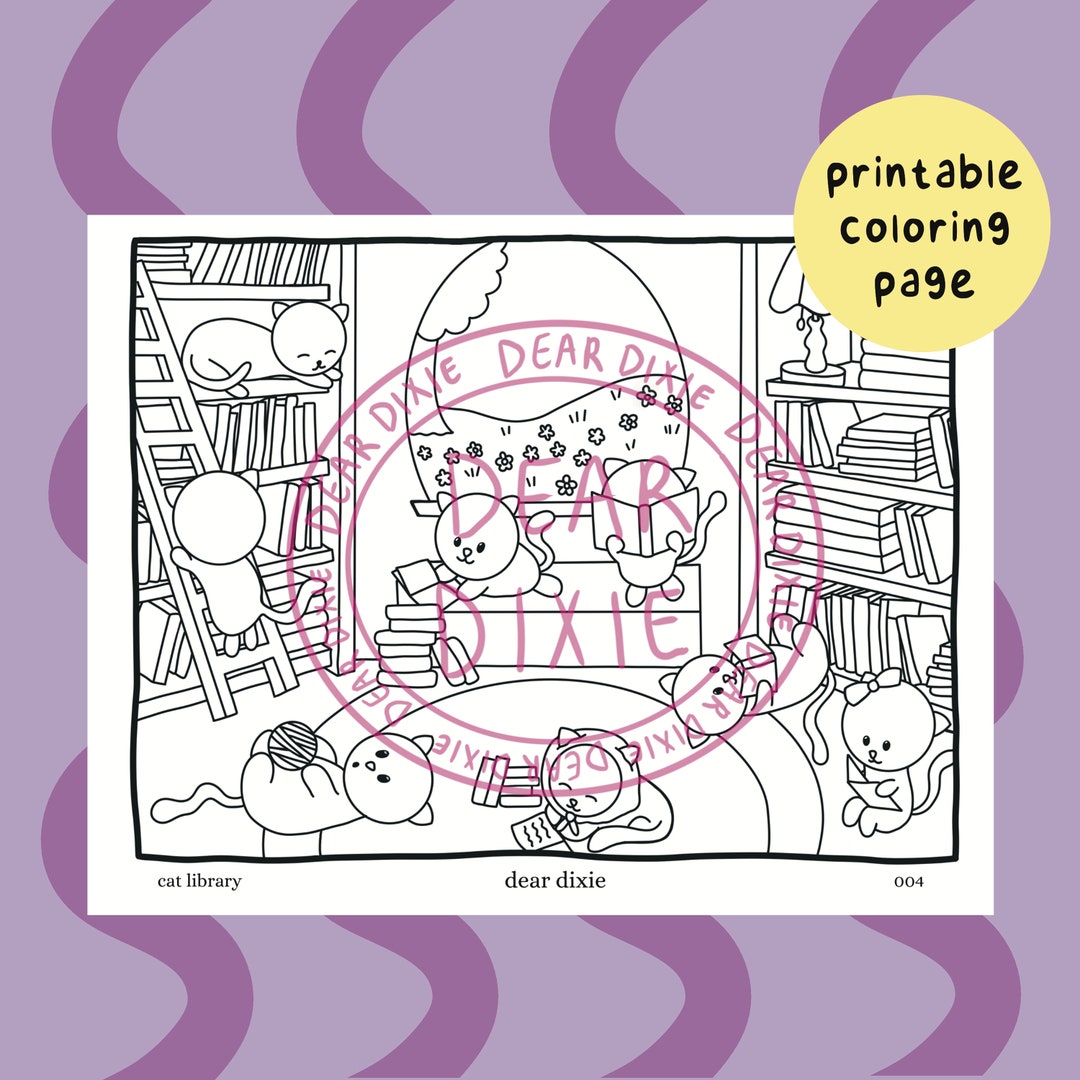 Cute Cat Library Coloring Page | Digital Download, Cozy Animals, Adult ...