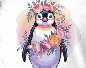 Floral Penguin png svg, Cute Penguin Clipart, Penguin with Flowers, Sublimation, Digital Download png svg