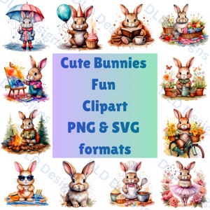 Cute Bunnies Digital Clipart Bundle, 12 Fun Bunny Illustrations, High Resolution 5000x5000 PNG and SVG, Transparent Backgrounds