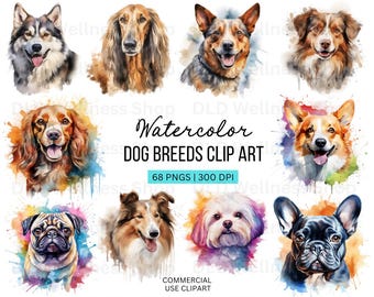 Dog Breeds Clipart, Watercolor Dogs, Digital Download, PNG Files, Dog Lover Gift, Commercial Use, Pet Portrait, Dog Art, Dog Illustration