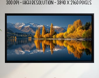 Alpejskie Jezioro Jesienna Ramka TV Sztuka Cyfrowa Pobierz 4K Złote Drzewa Góra Nowa Zelandia Smart TV Wygaszacz ekranu