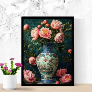 Jarrón chinoiserie imprimible con arte de peonías, decoración floral para el hogar, descarga instantánea, arte elegante para pared, impresión digital