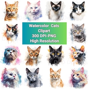 Watercolor Cat Clipart Bundle, Digital Cat Images, High Resolution Cat Art, Cat Breeds, Kitty Graphics, Cat Lover Gift, Commercial Use