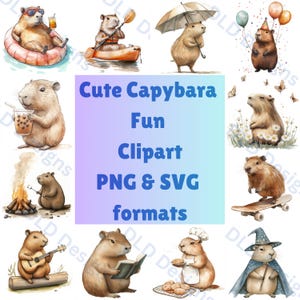 Cute Capybara Clipart Set 12 PNG SVG Fun Capybaras Digital Art Transparent Backgrounds Perfect for Crafts and Design
