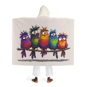 Manta de forro polar sherpa con capucha y diseño de pájaros de colores, ideal para noches acogedoras, regalo para ella y para él, imprescindible para el invierno.