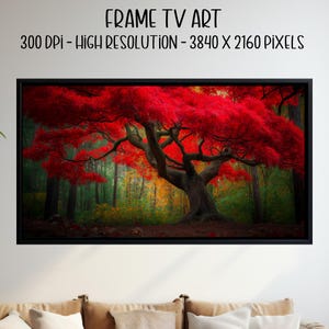 Puede incluir: Impresión artística digital enmarcada que muestra un árbol con hojas rojas vibrantes, con un tronco grande y ramas, sobre un fondo de un bosque colorido. El texto "FRAME TV ART" está en la parte superior.