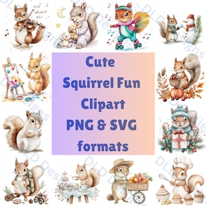 Cute Squirrel Clipart Bundle, Fun Squirrel Activity Images, PNG SVG Digital Download