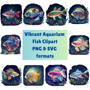 Lebendige Aquarium Fische Clipart Bundle, digitaler Download, 10 bunte Fische Illustrationen, PNG- und SVG-Dateien, transparente Hintergründe