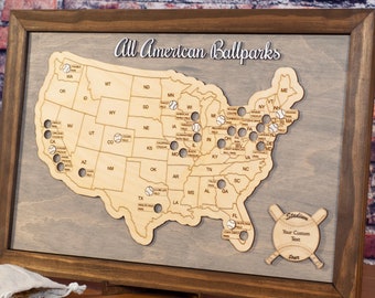 Custom Baseball Stadium Travel Map Tracker, Personal Ballpark Stadium Map, Gift for Baseball Lover, American Ballpark Tracker, Gift for Dad