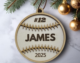 Personalized Baseball Ornament, Custom Engraved Wood Christmas Ornament