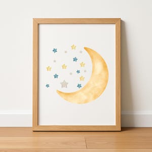 Moon and Stars Wall Art Print, Boys Nursery Decor, Blue and Yellow Digital Download, Baby Room Printable, Celestial Night Sky Poster