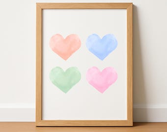 Pastel Watercolor Hearts Print: Girl Nursery Wall Art (Digital Download