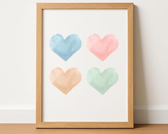 Watercolour Hearts Wall Art Print | Pastel Nursery Digital Download
