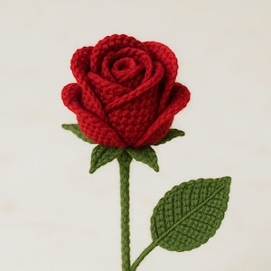 Puede incluir: Una rosa roja hecha a mano con ganchillo, con tallo y hojas verdes. La rosa presenta un trabajo detallado de pétalos, mostrando un diseño texturizado y tridimensional. El tallo y las hojas verdes añaden un contraste natural a la vibrante flor roja.