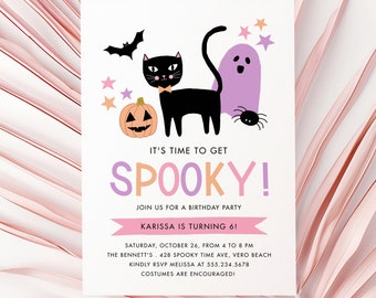 Cute Pastel Halloween Birthday Invitation, Cat Birthday Invite, Girl Halloween Birthday, Kids Halloween Party Printable DIGITAL DOWNLOAD