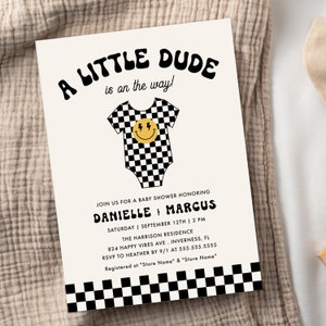 Little Dude babyshower uitnodiging, kerel onderweg Romper babyjongen kleding retro smiley afdrukbare bewerkbare sjabloon digitale DOWNLOAD