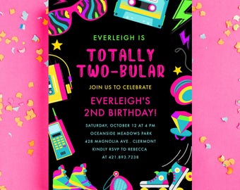 Totally Twobular 2nd Birthday Invitation, Retro Neon 80s Birthday Invite, Second Birthday Party Printable Editable DIGITAL DOWNLOAD
