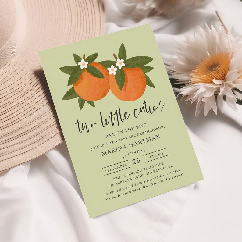 Two Little Cuties Baby Shower Invitation Bundle Twins Orange Clementine