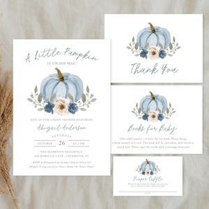 Little Pumpkin Boy Baby Shower Invitation Set, Blue Pumpkin Invite Printable, Books for Baby, Diaper Raffle, Thank You, DIGITAL DOWNLOAD