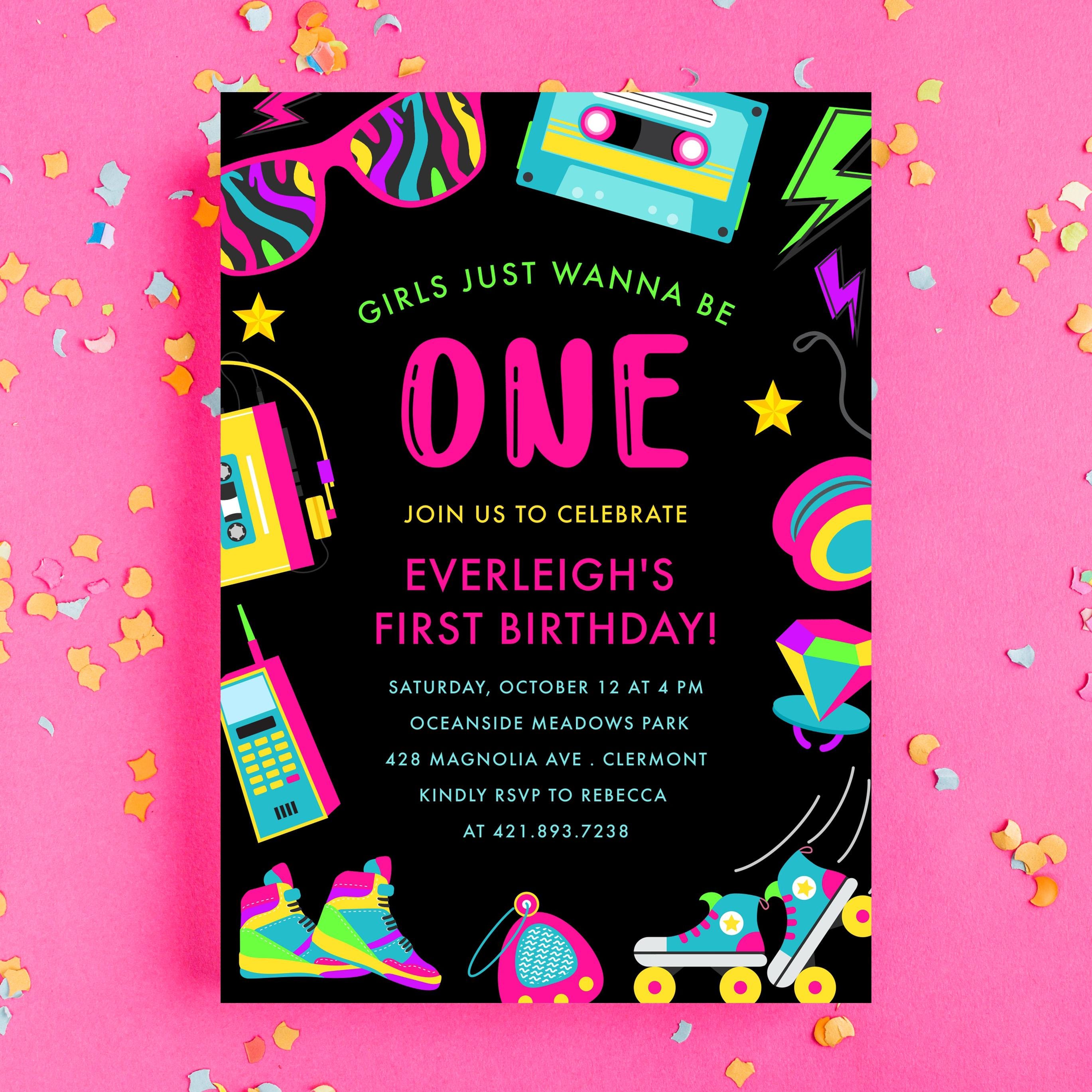 Girls Just Wanna Be One 1st Birthday Invitation, Retro Neon