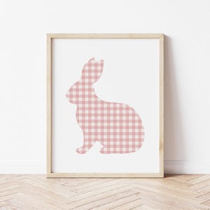 Gingham Rabbit Silhouette Nursery Print, Dusty Rose Pink Forest Woodland Animal Wall Art Rustic Baby Girl Toddler Printable DIGITAL DOWNLOAD