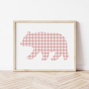 Gingham Bear Silhouette Nursery Print, Dusty Rose Pink Forest Woodland Animal Wall Art Rustic Baby Girl Toddler Printable DIGITAL DOWNLOAD