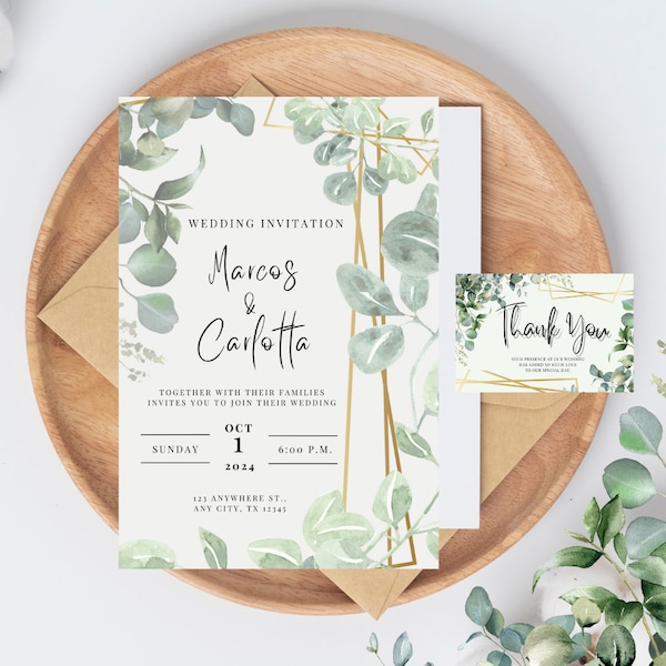 Editable Romantic Wedding Invitation template, Eucalyptus Themed wedding Invite Template, Eucalyptus Wedding Thank you card