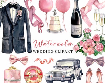 Wedding Watercolor Clipart,Wedding arch,Clipart Wedding Elements, Bride Clipart,Wedding cake,Just Married Car,Marriage Clipart,Printable
