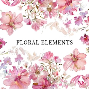 May include: Watercolor illustration featuring pink and purple floral elements on a white background. The image includes various flower types and the text "FLORAL ELEMENTS" in a bold, black font.
