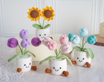 Maceta de tulipanes de ganchillo, maceta de girasoles de ganchillo, regalo de apoyo emocional, regalo del Día de la Madre, regalo para ella/mamá/maestra, regalos de flores de ganchillo