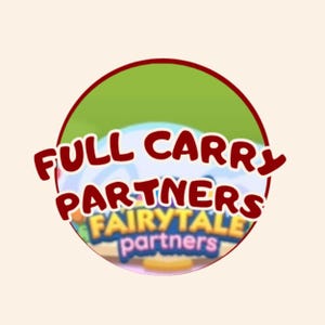 Peut inclure: Logo circulaire avec les mots "FULL CARRY PARTNERS" en rouge, soulignés de blanc, et "FAIRYTALE partners" dans une police colorée et ludique. Le logo est placé sur un fond vert et beige clair.