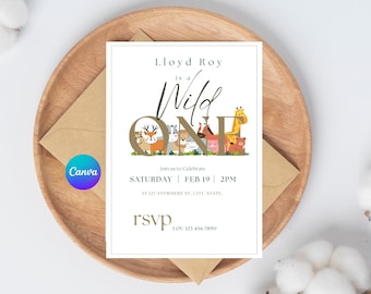 EDITABLE Safari Birthday Invitation, Wild One 1st Birthday Invite, Gold Jungle Animals invitations, Printable template Instant Download