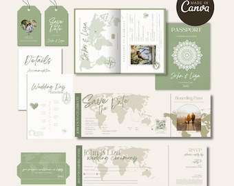 Sage Green Destination Wedding Invitation Boarding Pass, Printable Passport Wedding Invitation, Travel Theme Wedding, Template Download