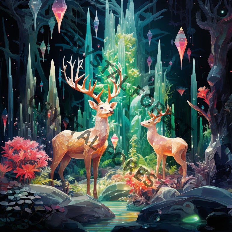 K&ouml;nnte beinhalten: Zwei Hirsche stehen in einem magischen Wald mit hohen, gr&uuml;nen Kristallformationen und leuchtenden blauen und violetten Kristallen, die von den &Auml;sten h&auml;ngen. Die Hirsche sind braun und wei&szlig; mit gro&szlig;en Geweihen.