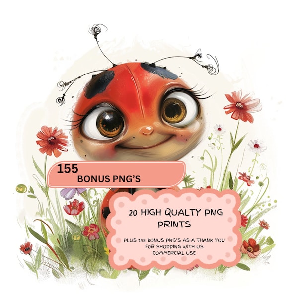 20 Ladybugs Instant Download Lady Bug Watercolor Cute Lady Bug Print Insect Commercial PNG Nursery Clipart Ladybug on flower Poster Cute Bug