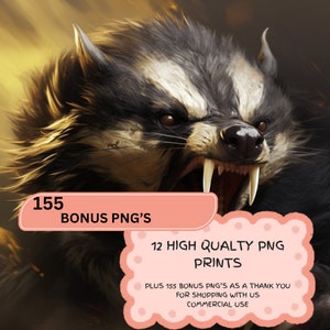 Puede incluir: Una ilustración digital de un lobo negro y blanco con dientes afilados que gruñe. La imagen incluye texto que dice "155 Bonus PNG's", "12 High Quality PNG Prints", "Plus 155 Bonus PNG's as a thank you for shopping with us" y "Commercial Use".