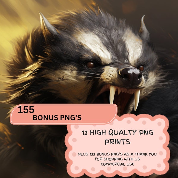 12 Angry HONEY BADGERS  mean, teeth showing, viscous watercolors Clipart Sublimation PNG upscaled image  v 6.0  commercial use, Midjourney