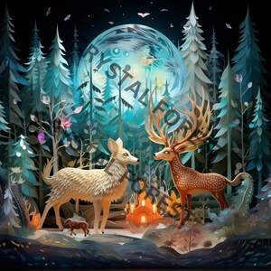 K&ouml;nnte beinhalten: Eine Papierkunst-Szene eines Waldes mit einem leuchtenden Mond, einem wei&szlig;en Wolf und einem braunen Hirsch mit gro&szlig;en Geweihen. Der Wald ist aus Papier gefertigt und hat ein blaues und gr&uuml;nes Farbschema.