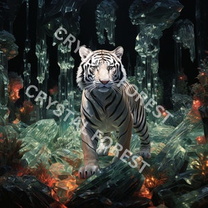 K&ouml;nnte beinhalten: Ein wei&szlig;er Tiger steht in einem Kristallwald. Der Tiger hat schwarze Streifen und blickt direkt auf den Betrachter. Der Wald besteht aus gro&szlig;en, klaren Kristallen, die von unten beleuchtet werden. Die Kristalle sind chaotisch angeordnet und erzeugen so ein Gef&uuml;hl von Tiefe und Geheimnis.