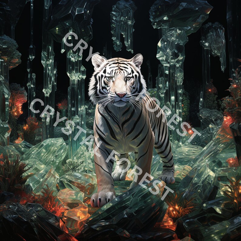 K&ouml;nnte beinhalten: Ein wei&szlig;er Tiger steht in einem Kristallwald. Der Tiger hat schwarze Streifen und blickt direkt auf den Betrachter. Der Wald besteht aus gro&szlig;en, klaren Kristallen, die von unten beleuchtet werden. Die Kristalle sind chaotisch angeordnet und erzeugen so ein Gef&uuml;hl von Tiefe und Geheimnis.