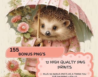 12 HEDGEHOG FUN Instant Digital Download  Watercolor Hedge Hog Print Commercial Use PNG Hedgehog Guitar Cute Hedgehog Umbrella Art Balloon
