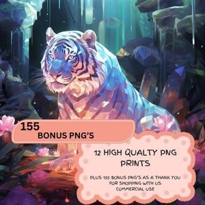 K&ouml;nnte beinhalten: Eine digitale Illustration eines wei&szlig;en Tigers mit blauen und rosa Kristall-Akzenten, der in einem &uuml;ppigen gr&uuml;nen Wald mit rosa Blumen sitzt. Das Bild enth&auml;lt Text, der "155 Bonus PNG's", "12 High Quality PNG Prints", "Plus 155 Bonus PNG's as a thank you for shopping with us" und "Commercial Use" lautet.