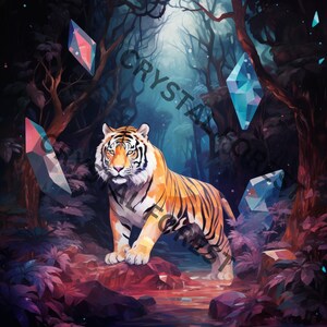 K&ouml;nnte beinhalten: Ein Tiger mit orangefarbenen und schwarzen Streifen steht auf einem Felsen in einem dunklen Wald. Der Wald ist voller leuchtender blauer und rosa Kristalle.