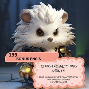 May include: A white, fluffy, cartoon-style hamster with golden claws and a black and gold collar. The hamster is looking directly at the viewer. The image has a pink border with the text "155 BONUS PNG'S" and "12 HIGH QUALITY PNG PRINTS PLUS 155 BONUS PNG'S AS A THANK YOU FOR SHOPPING WITH US COMMERCIAL USE".